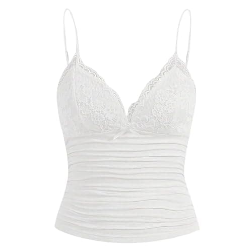 Naileksi Women Y2k Lace Trim Cami Top Spaghetti Strap Fairy Grunge Tank Top V Neck Ruched Bow Lace Patchwork Cami Shirt - Image 1