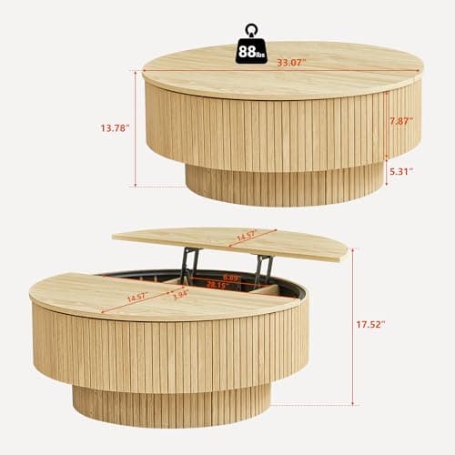 33" Round Coffee Table with Lift-Top & Flip-Top Storage, Modern Accent Fluted Coffee Tables with Metal Frame, Wooden Circle Center Table for Living Room Small Space Apartment Office (Natural) thumbnail 2