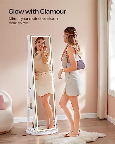 SONGMICS LED Jewelry Cabinet Standing, Lockable Armoire With Full-Length Mirror and Adjustable Lights, Space-Saving Organizer, Gift Idea, Cloud White UJJC008W01 thumbnail 2