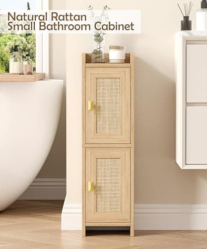Akxomel Rattan Small Bathroom Cabinet with 2 Doors, 7.9''D x 7.9''W Narrow Toilet Paper Storage Cabinet, Bathroom Organizer for Small Spaces, Wooden Slim Corner Unit with Adjustable Shelf, Natural Oak thumbnail 3