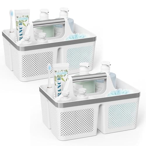 BYUNER 2Pack Shower Caddy Dorm: Portable Bathroom Caddy Organizer with Handle and Holes, Plastic Cleaning Caddy, Hard Shower Basket Storage Tote for Toiletry, College Dorm Room Essentials White/Silver - 2 Pack White - Image 1
