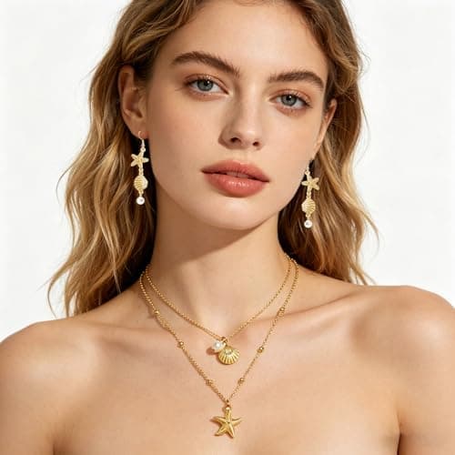 NEWITIN 29 Pieces Boho Beach Jewelry Set for Women Gold Jewelry Set Include Summer Ocean Seashell Starfish Necklaces Bracelets Rings Belt Chain Earrings for Women thumbnail 5