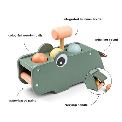 Done by Deer Hammer Board Croco Green - Wooden Activity Toy for Hand-Eye Coordination and Sense of Hearing - Green Color with Colorful Elements - Soft, Durable Fabric Flap with Crinkling Sound thumbnail 3