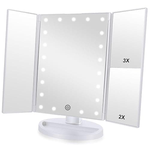 Flymiro Tri-fold Lighted Vanity Makeup Mirror with 3x/2x Magnification,21 LEDs Light and Touch Screen,180 Degree Free Rotation Countertop Cosmetic Mirror,Travel (White) - Image 1