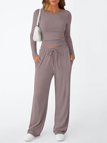 Trendy Queen Women's 2 Piece Matching Lounge Set Long Sleeve Slightly Crop Top Wide Leg Pants Casual Sweatsuit thumbnail 2