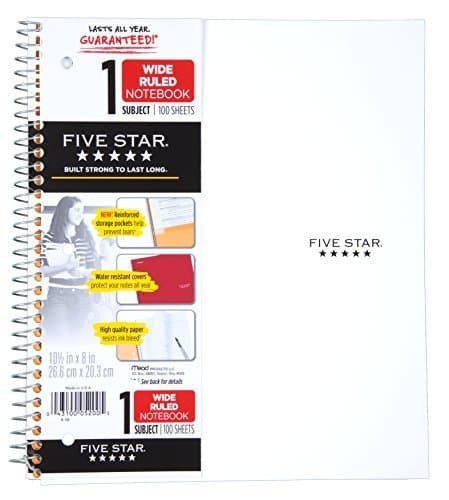 Five Star Spiral Notebook + Study App, 1 Subject, Wide Ruled Paper, 8" x 10-1/2", 100 Sheets, Fights Ink Bleed, Water Resistant Cover, White (72877) - Image 1