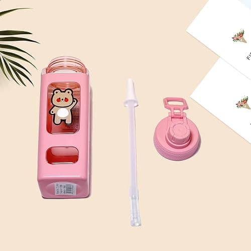 PEXIZUAN Kawaii Bear Water Bottle With Straw Sport Plastic Portable Square Drinking Bottle For Girl Cute Juice Tea Water Cups 700ml(Pink,700ml) thumbnail 5