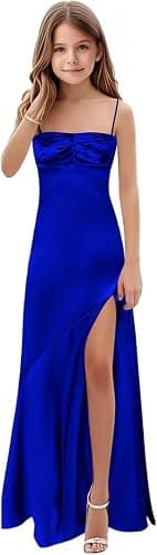 Topsta Junior Bridesmaid Dresses for Teen Girls Satin Flower Girl Dress Spaghetti Strap Girls Formal Dress with Slit thumbnail 2