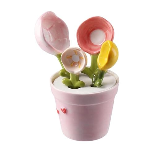 hobbyme Sunflowers Measuring Spoons and Cups Set, Cute Ceramic Measuring Spoons, Baking Sunflowers Measuring Spoon with Holder for Milk Powder Sugar Salt Wet Dry Ingredients - Image 1