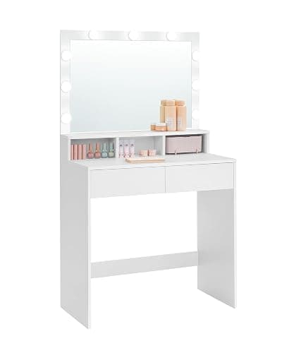 VASAGLE Vanity Desk with Mirror and Lights, Makeup Desk with Large Mirror, Adjustable Brightness, Vanity Table, 2 Drawers, 3 Compartments, Modern, Cloud White URDT185T14 - Image 1