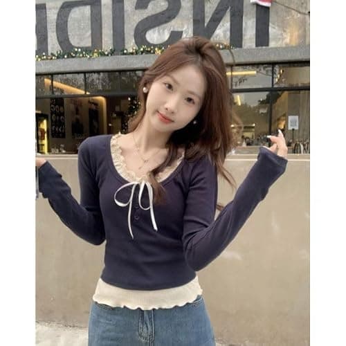 Y2K Coquette Shirts Girly Lace Patchwork Tight Crop Tops Women Fairycore Aesthetic Baby Tee Bow Tie Cutecore Clothes thumbnail 7