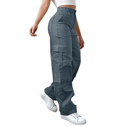 Cargo Pants for Women High Elastic Waisted Casual Baggy Wide Leg Hiking Pants Solid Color Streetwear with Pockets - Image 1