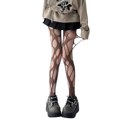 RUSTAMM Ripped Fishnet Stockings Tights Gothic Irregular Hole Hollow Out Mesh Lace Pantyhose Women Cosplay Party Accessories - One Size - Brown