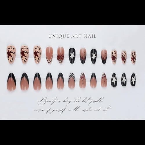 French Tips Press on Nails Medium Almond Fake Nails with 5D Bow Charm Design Glossy Leopard Prints Star Nails Press on Reusable Pearl Cherry False Nail Spring Summer Nail for Women Manicure 24Pcs thumbnail 3