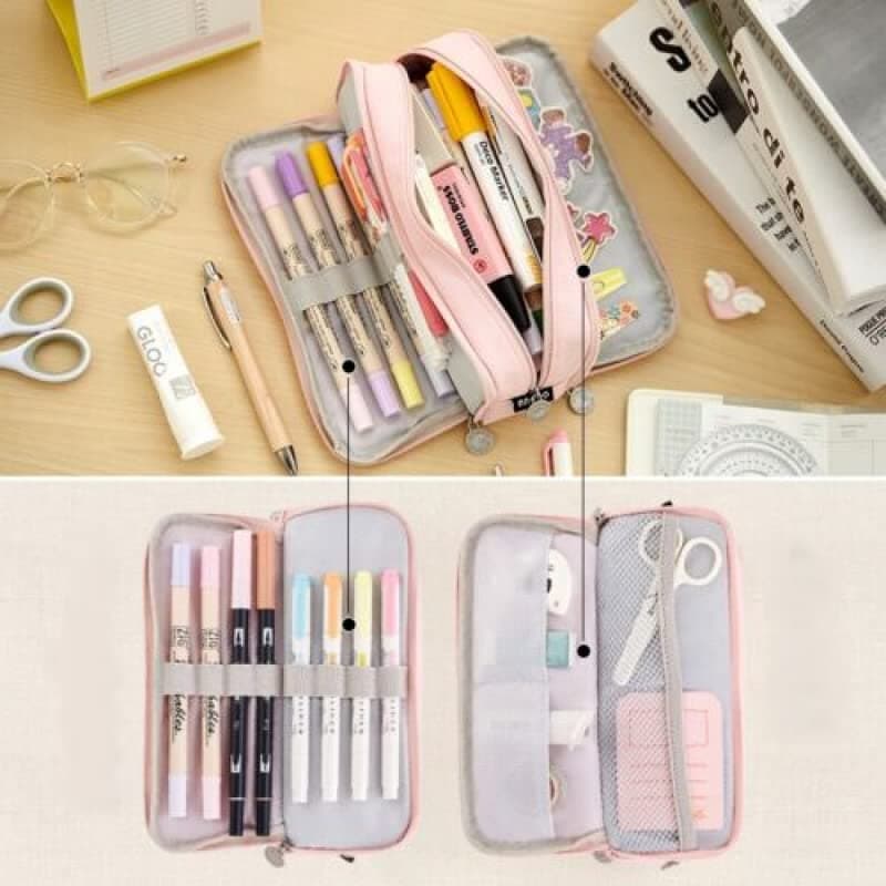 Zipper Pencil Case Large Capacity Storage Bag School Stationery Makeup Organizer, Expandable, Multi-Function with Mesh Pockets, Elastic Slots thumbnail 6