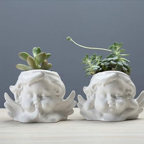 Vaguelly Cute Succulent Planter Angel Statue Head Face Planter Pot Ceramic Flower Pot Cactus Container with Drainage Hole Pens Holder for Indoor Outdoor Garden Random Style White thumbnail 2