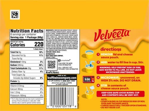 Velveeta Shells and Cheese Mac and Cheese, for Easy Snacks or Dinner Sides, Original Flavor, 2.39 oz, 8 Cups (Pack of 2) thumbnail 2