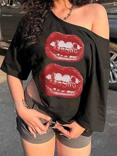 Pinclodly Off The Shoulder Tops for Women Short Sleeve Y2K Jersey Number Graphic Oversized Tshirts E-Girl Tees thumbnail 3