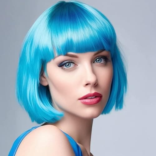 LIULIUBTY Short Bob Hair Wigs Straight with Flat Bangs Synthetic Colorful Cosplay Daily Party Neon Wig for Women with Wig Cap 12" Natural As Real (Teal Blue) thumbnail 3