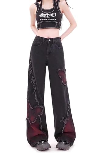 Y2K Baggy Ripped Jeans for Women – Wide Leg Butterfly Print & Star Patch Distressed Denim Pants High Waist Streetwear thumbnail 5