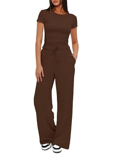 Darong Women's 2 Piece Summer Outfits Lounge Sets Side Ruched Short Sleeve Crop Top & Wide Leg Pants Matching Tracksuit - Image 1