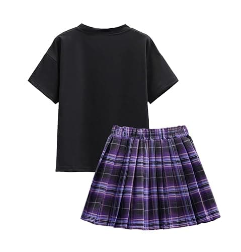 Satdflie Cartoon Girls Jk School Uniform Sets Short Sleeve Crewneck T Shirt and Plaid Pleated Mini Skirt 2 Piece Outfits Set thumbnail 4