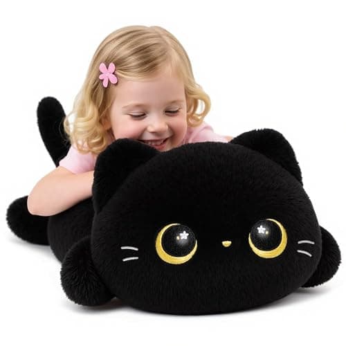 Cute Black Cat Plush Pillow, Kawaii Plushies Black Cat Stuffed Animals, Squishy Plushies, Cuddle Plush Pillow for Kids & Girls (20 Inch) - Image 1
