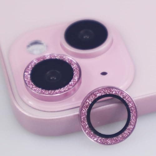BONVAN for iPhone 15/15 Plus Camera Lens Protector Bling Glitter Metal Crystal Tempered Glass Screen Accessories Sparkly Lens Cover, also Compatible with iPhone 16e (2PCS) (Pink) - Image 1