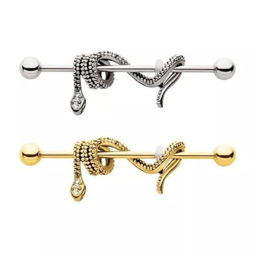Pierced Owl 14GA 316L Stainless Steel CZ Crystal Dangling Snake Industrial Barbell thumbnail 2