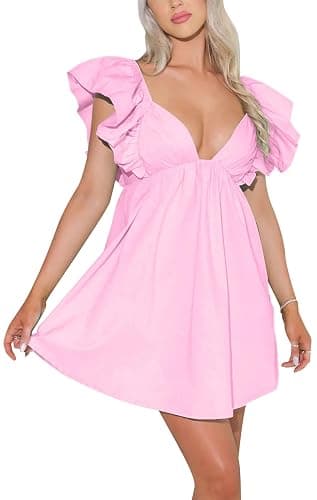 Zebaexf Womens Spring Summer V Neck Knot Back Causal Strap Short Flowy Swing Mini Dress - Image 1