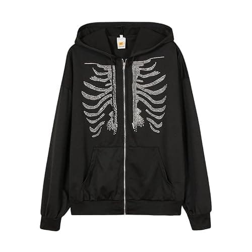 ANKOMINA Women's Rhinestone Skeleton Hoodies Zip Up Sweatshirts Y2K Long Sleeve Skull Jacket Pullover Tops - Medium - Black thumbnail 6