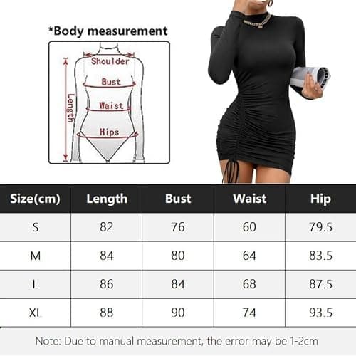 Rongseng Robe Moulante à Manches Longues Sexy Chic pour Femmes - Mini Cordon De Serrage Plissée Courte Décontractée - Mode Élégante pour Soirée Cocktail Party Automne Hiver thumbnail 7