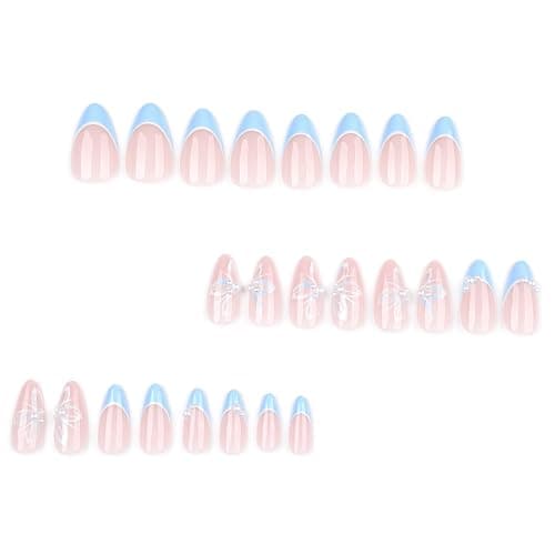 Blue French Tip Almond Press On Nails with Glue, Acrylic Butterfly Pearl Fake Nails for Women, Elegant Handmade 3D Stick On Nails, 24Pcs Reusable Medium Length False Nails for Wedding Party Daily thumbnail 5