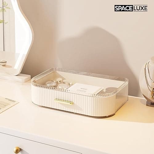 SpaceLuxe Makeup Organizer with Drawers and 360° Rotating Brush Holder, Large Capacity Cosmetic Storage for Vanity, Skincare, Perfume, Hair Accessories, Lipstick & Jewelry (Cream White, 2-layer) thumbnail 5