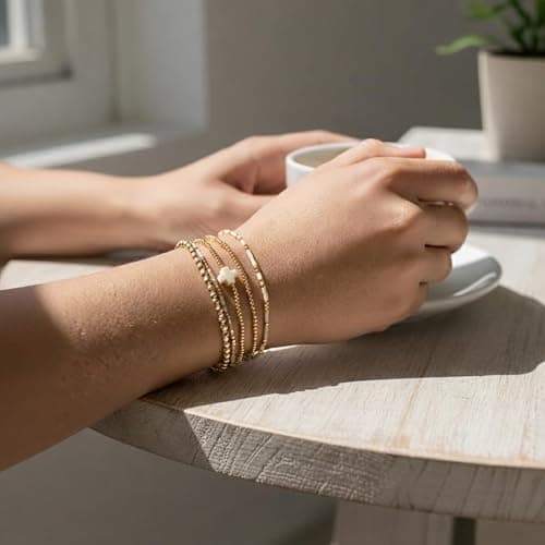 EQUBIO 14K Gold Plated Beaded Cross Bracelet Set for Women, 5Pcs Dainty Stackable Layered Bracelets, Hypoallergenic Non Tarnish Adjustable Chain, Y2K Jewelry Christian Easter Gifts for Friendship thumbnail 3