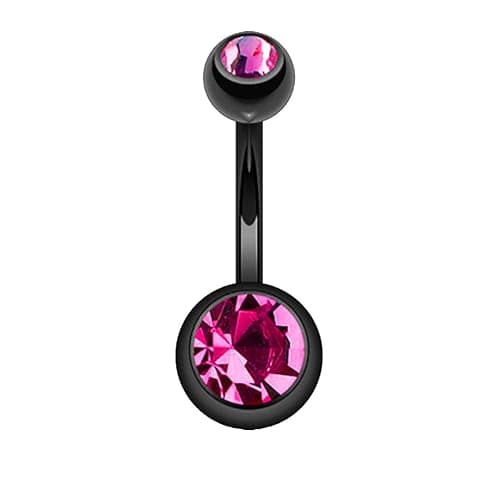 FIFTH CUE 14GA Black Titanium IP 316L Double CZ Barbell Belly Button Ring, Surgical Steel Belly Button Piercing Jewelry, Hypoallergenic Belly Ring for Women, Navel Piercing - Image 1