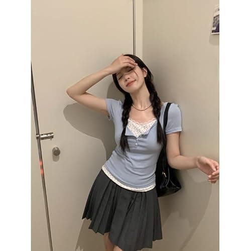 Women Lace Trim Y2K Cute Tshirt Coquette Floral Summer Ribbed Knit Crop Top Fairycore Baby Tees Cottagecore 90s Shirt thumbnail 3