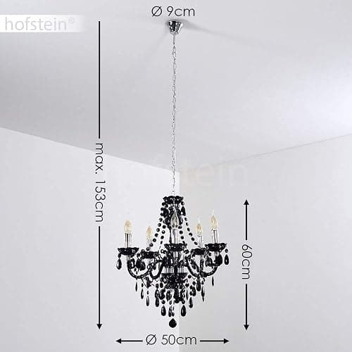 Lustre en métal noir/chrome, lampe à suspendre à 5 flammes, 5 x E14, suspension classique avec cristaux décoratifs, design vintage/rétro, ampoule(s) non incluse(s) thumbnail 3