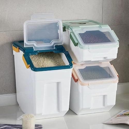 Toolzia 2 Pcs 10kg Airtight Cereal Storage Container with Wheels, Plastic Flour Storage Box Large Rice Dispenser Dry Food Storage Bins BPA-Free(Green) thumbnail 2