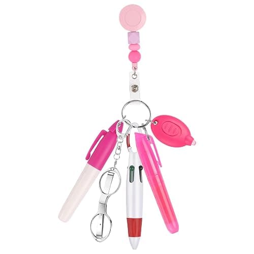 6 Pcs Nurse Badge Accessories Nurse Pen Pack Set Including Retractable Badge Reel Clip, Mini Highlighter, Permanent Marker, Ballpoint Pen, LED Keychain Flashlight, Folding Scissors, Pink - Image 1