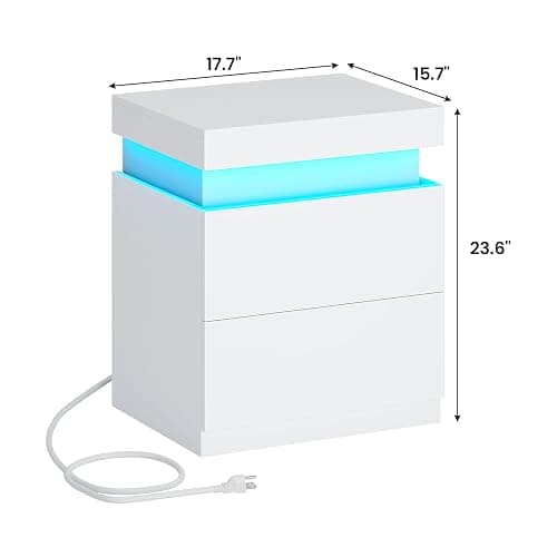 ADORNEVE White Modern Bedside Table with 2 Drawers | Nightstand with Charging Station and LED Lights,Night Stand with Sliding Top,Side Table for Bedroom thumbnail 2
