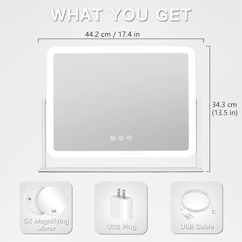 HIEEY Vanity Mirror with Lights, Lighted Makeup Mirror, Three Color Lighting Modes, and 5X Magnification Mirror, Smart Touch Control, 360°Rotation (17.4" x 13.5" White,Gift Box) thumbnail 2