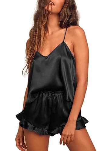 CHYRII Women's Sexy Silk Satin Ruffled Pajamas Sets Cami Shorts Sets Sleepwear - Image 1