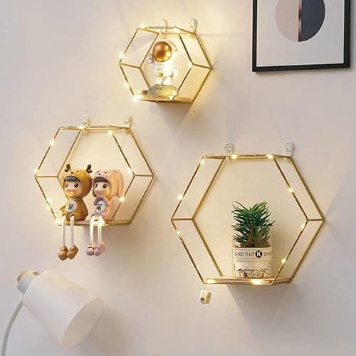 Liywall - Hexagon Floating Shelves Wall Decor, Gold Metal Wire and Wood Wall Mounted Storage Shelf Home Decorations Art for Bedroom Living Room Kitchen Bathroom, Set of 3 with LED Lights - Gold - Image 1