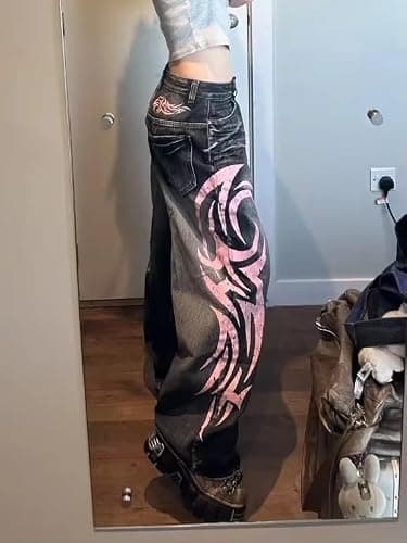Xojbzoo Unisex Y2K Streetwear Baggy Jeans Retro Totem Print Goth Pants High Waisted Wide Leg Harajuku Hip-Hop Style thumbnail 3