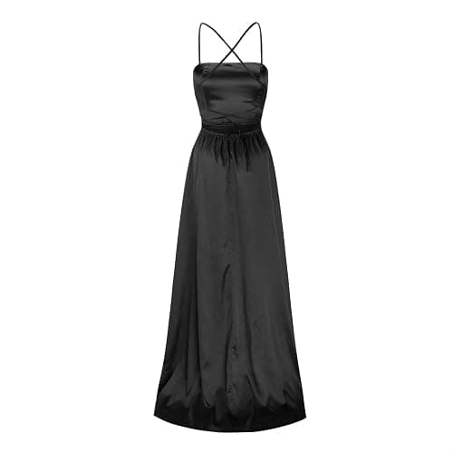 Robe de bal élégante 2025 pour femme - Longue robe de soirée dos nu - En satin - Bretelles spaghetti - Fente latérale - Robe de mariage avec poches thumbnail 4