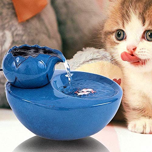 ROSE CREATE Ceramic Cat Drinking Water Fountain, 1.3 Liters Pet Water Fountains for Cats and Dogs, Electric Pet Water Dispenser with Quiet Pump and 5 Replacement Filters - Blue Lotus Style - Image 1