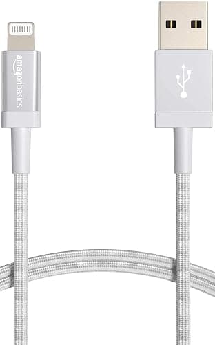 Amazon Basics USB-A to Lightning Charger Cable, Nylon Braided Cord, MFi Certified Charger for Apple iPhone 14 13 12 11 X Xs Pro, Pro Max, Plus, iPad, 6 Foot, Silver - Image 1
