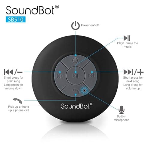 Soundbot SB510 HD Waterproof Bluetooth Shower Wireless Speaker with Speakerphone, Mic, 6-Hour Playtime, Control Buttons & Suction Cup, Powerful Sound Ideal for Bathroom, Travel, or Outdoors (Black) thumbnail 5