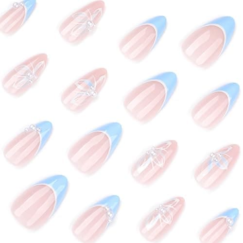 Blue French Tip Almond Press On Nails with Glue, Acrylic Butterfly Pearl Fake Nails for Women, Elegant Handmade 3D Stick On Nails, 24Pcs Reusable Medium Length False Nails for Wedding Party Daily thumbnail 2
